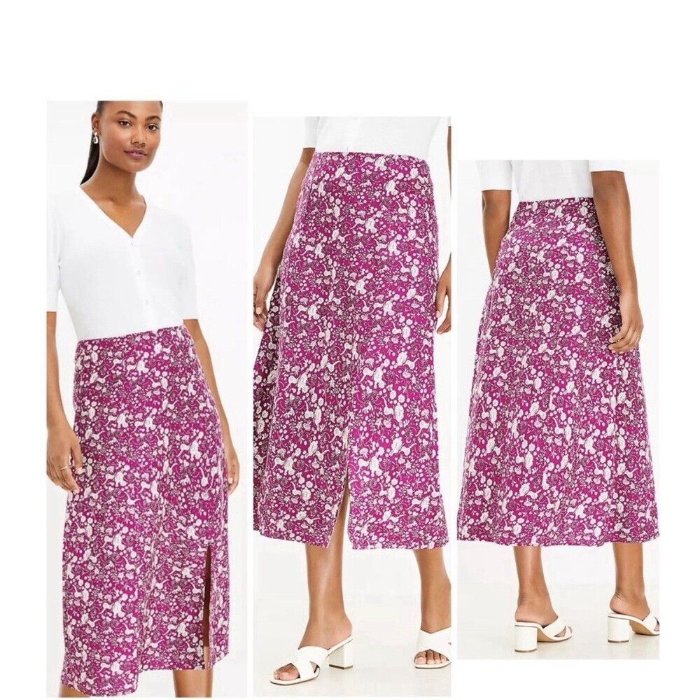 LOFT Floral Midi Skirt Size 4 Linen Blend Front Slit Pink White New Side Zip